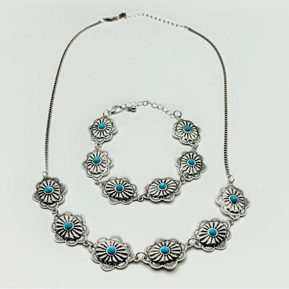 Boho Silver-Tone Turquoise Flower Necklace & Bracelet Set